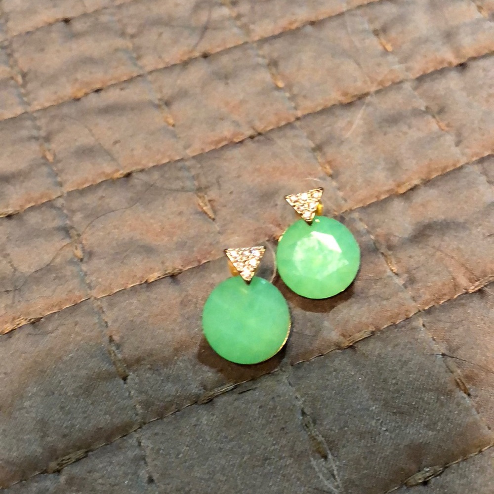Green moonstone earrings with rhinestones.